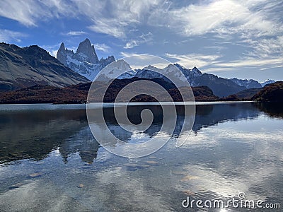 Fitz Roy Majesty: Argentina's Iconic Mountain Peaks, El Chalten, autumn lake reflection, midday Stock Photo