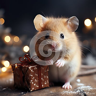 Discover the whimsical side of Christmas with this adorable mouse, nestled amidst festive decor Stock Photo