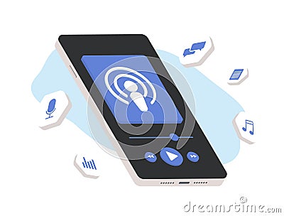 Discover world of podcasting and streaming with mobile podcast applications. Isometric flat design in pastel colors showcases Cartoon Illustration