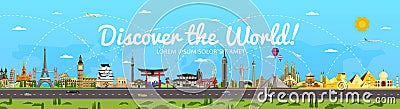 Discover the World poster with famous attractions Cartoon Illustration