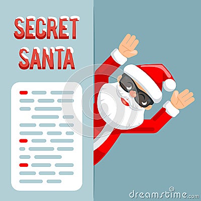 Discovered hands up surender give up revealed secret santa claus peeking out corner cartoon character flat design poster Vector Illustration