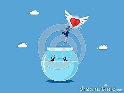 Discovering a new life. Businesswoman heart flying out of a fishbowl. business concept Vector Illustration