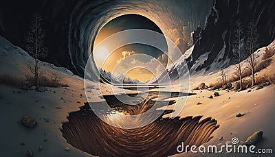 Discovering Other Realms Through Black Hole Landscape Portal painting, AI generative Stock Photo