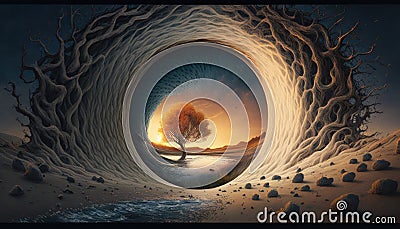 Discovering Other Realms Through Black Hole Landscape Portal painting, AI generative Stock Photo