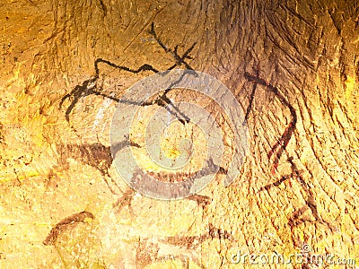 Discovery of prehistoric paint of caveman hunt in sandstone cave. Paint of human hunting Stock Photo