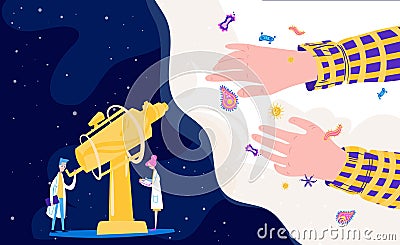 Discovery, science, life search in univerce, microbiology and astronomy study vector illustration. Scientific research Vector Illustration