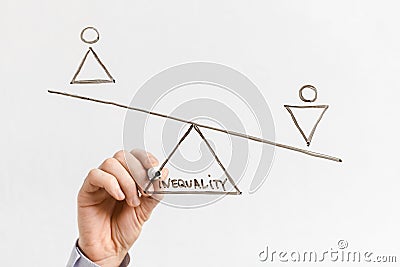 Man outweigh Woman on drawn scales, glassboard Stock Photo
