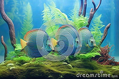 discus fish trio amid fine-leafed aquatic ferns Stock Photo