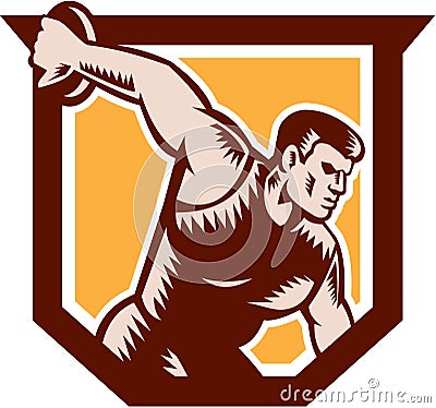 Discus Thrower Shield Woodcut Vector Illustration