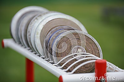 Discus on the track and field stadium Stock Photo