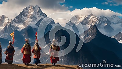 Discuss the cultural traditions and rituals associated with mountains, highlighting their significance in various societies. Stock Photo
