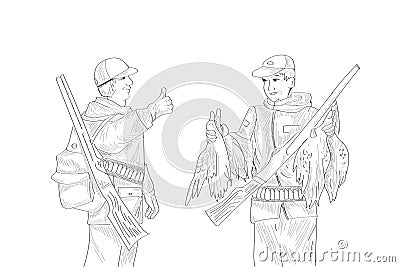 Discuss hunters prey. The man shows finger up. The characters boast of their trophies. Shot ducks. Hunting season. Vector Illustration