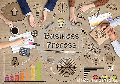 Discussing business process. People and different illustrations on wooden background, top view Cartoon Illustration