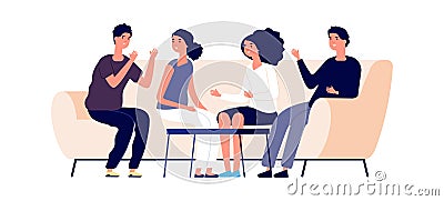 Discussion concept. Flat young businesspeople discuss start up. Friendship, isolated men women on couch. Friends Vector Illustration