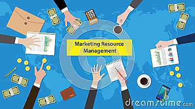 Discussion about marketing resource management on a meeting table illustration with paperworks, money and document Vector Illustration