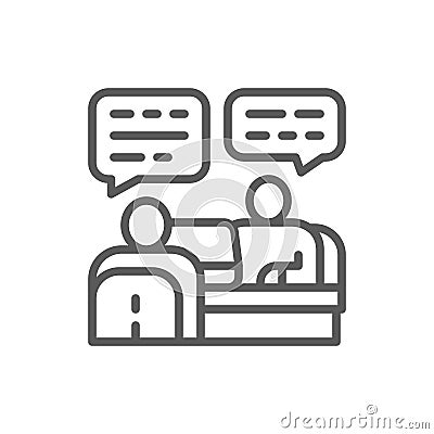 Discussion of project with customer line icon. Vector Illustration