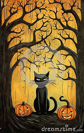 The Disdainful Black Kitty Cat and the Two Jack Lanterns Stock Photo
