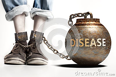 Disease can be a big weight and a burden with negative influence - Disease role and impact symbolized by a heavy prisoner`s weigh Cartoon Illustration