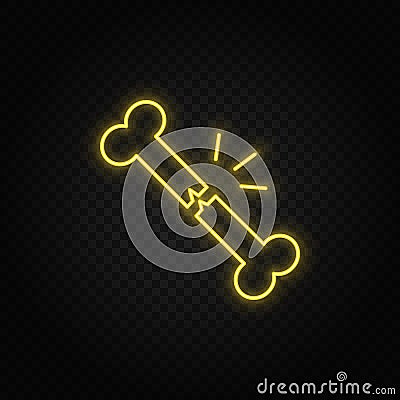 Diseases, bone, break down yellow neon icon. Yellow neon vector icon. Transparent background Vector Illustration