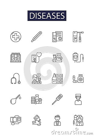 Diseases line vector icons and signs. Illness, Infection, Ill, Virus, Complaint, Contagion, Malady, Disorder outline Vector Illustration