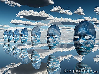 Disembodied faces hover in surreal scene Stock Photo