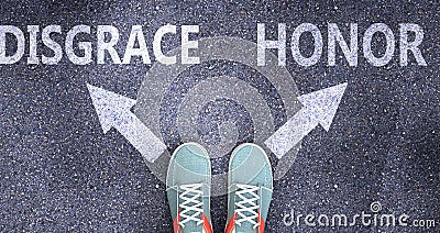 Disgrace and honor as different choices in life - pictured as words Disgrace, honor on a road to symbolize making decision and Cartoon Illustration