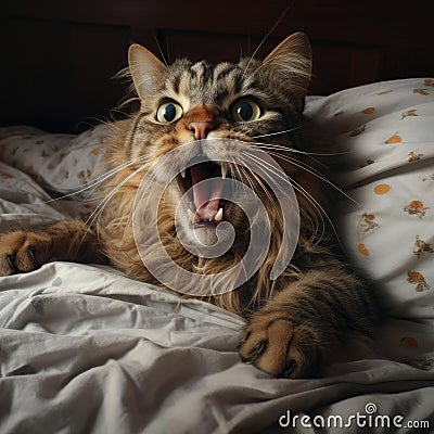 Disgruntled cat in bed Stock Photo