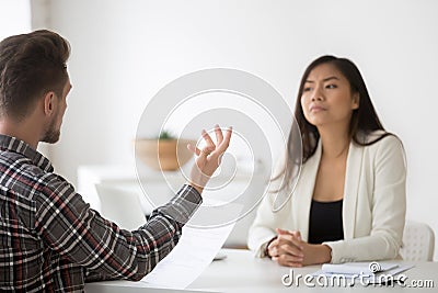 Angry client complaining on bad contract fraud meeting asian law Stock Photo