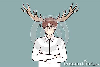 Disgruntled guy with horns on head stands with arms crossed after adultery of wife Vector Illustration