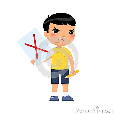 Disgruntled little Asian boy drew a red cross on the paper, symbol of rejection. Vector Illustration