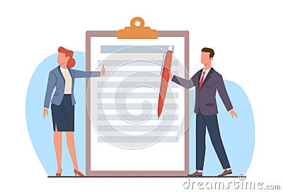 Disgruntled woman makes stop gesture, unwilling to sign agreement, contract, insurance policy. Legal formalities Vector Illustration