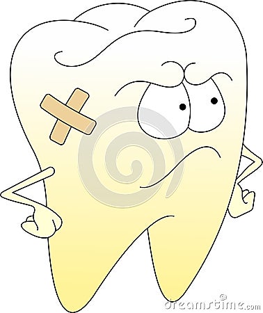 Dissatisfied yellowed tooth with adhesive plaster on its side Vector Illustration