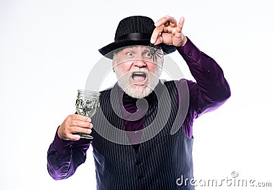 Disgusting Halloween drink. Elegant bartender wear hat and vest prepare drink. Horror themed Halloween party. Weird old Stock Photo