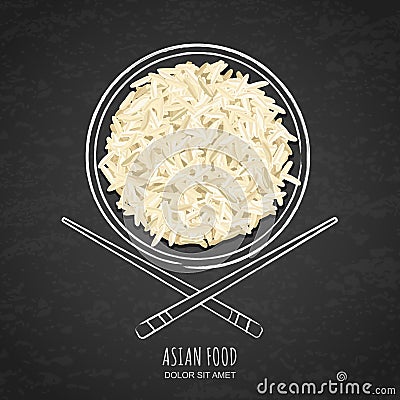 Dish of boiled white rice and chopsticks on grunge black chalkboard background. Top view. Vector Illustration