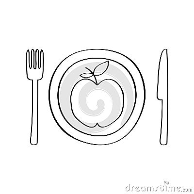 Dish and cutlery with apple fresh fruit Vector Illustration