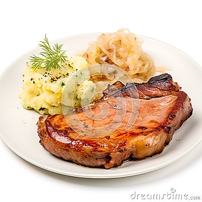 Dish features a succulent steak paired with perfectly cooked potatoes and tender cabbage Stock Photo