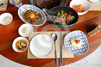 Dish, Fork, chopsticks and Korean pickle group Stock Photo