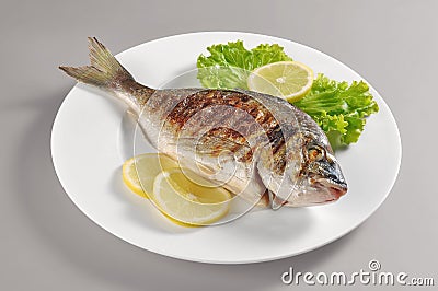 Dish with grilled fish gilthead bream Stock Photo