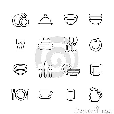 Dish line icon set. Vector collection of household utensils with plate, bowl, cup, glass, wineglass, fork, spoon, knife. Editable Vector Illustration