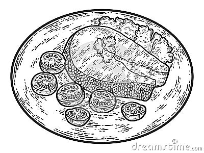 Dish is on plate. Fish steak with vegetables and herbs. Sketch scratch board imitation. Cartoon Illustration