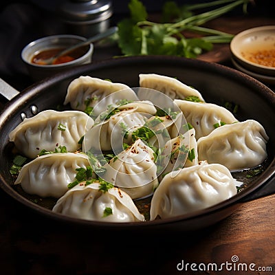 Asian-inspired Skillet Dumplings With Herbs And Seasonings Stock Photo