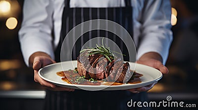 dish in a restaurant steak meat in the hands Stock Photo