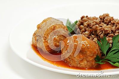 Dish with rissole and buckwheat Stock Photo