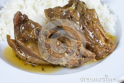 Dish of rooster pieces cooked in beer Stock Photo