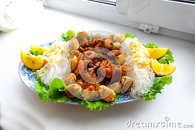 dish of shrimps, macaroons, garlic and herbs Stock Photo