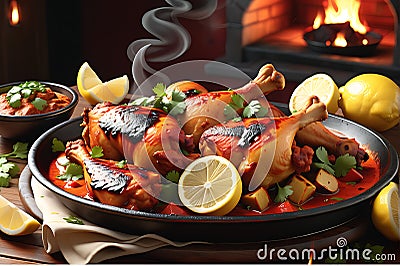 Dish of Sizzling Tandoori Chicken: Vibrant Red Hues, Meat Falling off the Bone, Alongside Buttery Naan Stock Photo