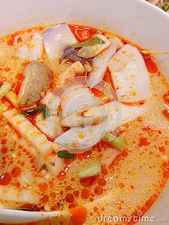 The dish of spicy seafood soup,tom yum kung, thai food Stock Photo
