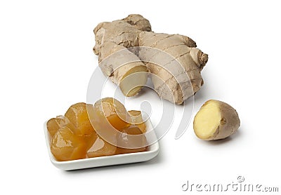 Dish with stem ginger in syrup Stock Photo