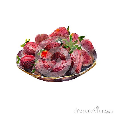 Dish of strawberries isolated on white background, watercolor illustration Cartoon Illustration