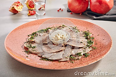 dish of thinly sliced boiled beef tongue Stock Photo